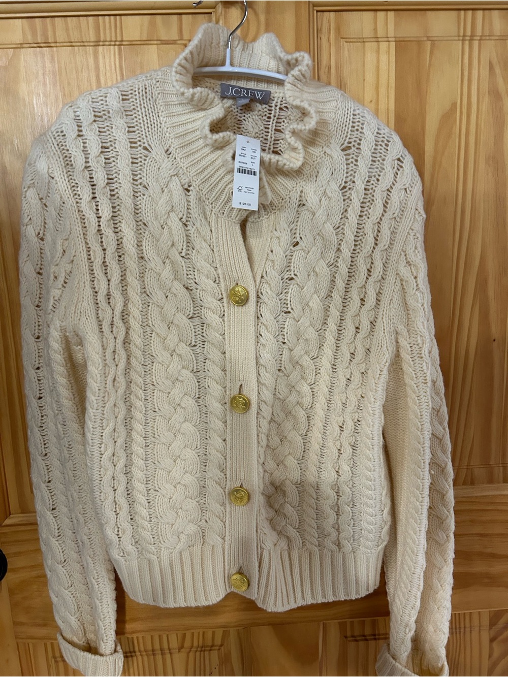 J. Crew Cream Cable Knit Cardigan with Ruffled Neck